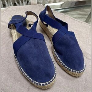 Picon Blue Suede Espadrille Wedge Slip On Sling Back Flat Handmade in Spain Sz 8